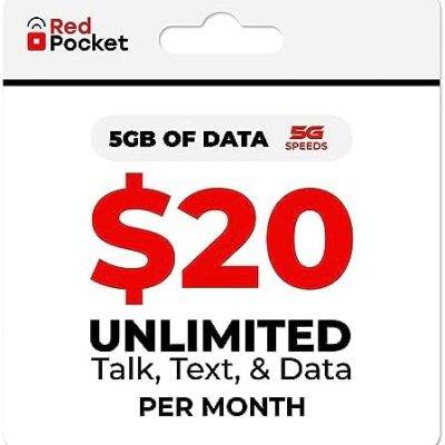 Red Pocket Mobile $20/Month Phone Plan, Free SIM Card for T-Mobile-Compatible Phone, Unlimited Data, Talk & Text, 5GB High-Speed 5G & 4G Data