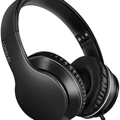 LORELEI X6 Over-Ear Headphones with Microphone, Lightweight Foldable & Portable Stereo Bass Headphones with 1.45M No-Tangle, Wired Headphones for Smartphone Tablet MP3 / 4 (Space Black)