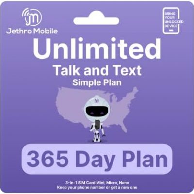 Jethro Mobile 1 Year Cell Phone Plan Unlimited Talk & Text Only, International Calling to Canada, Mexico, India and 80+ Countries, Prepaid Sim Card for Seniors & Kids | BYOP SIM Kit (1 Year)