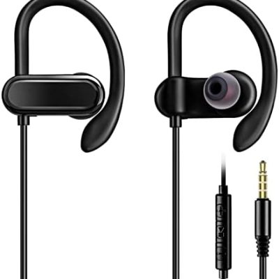 C G CHANGEEK [Upgraded] Wired Earbuds Headphones with Secure Ear Hooks & Microphone for Sports Running Gym Workout Exercise – 3.5mm Connection for Smartphone and Computers, Noise-Isolation, CGS-W3