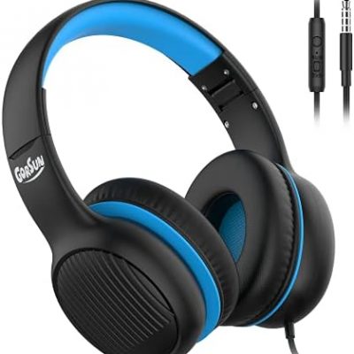 gorsun Premium A66 Kids Headphones with 85dB/94dB Volume Limited, in-line HD Mic, Audio Sharing, Foldable Toddler Headphones, Adjustable, Children Headphones Over-Ear for School Travel, Blue Black