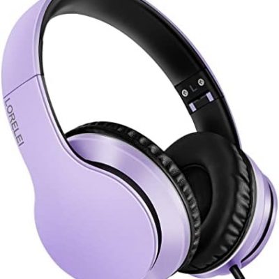 LORELEI X6 Over-Ear Headphones with Microphone, Lightweight Foldable & Portable Stereo Bass Headphones with 1.45M No-Tangle,Wired Headphones for Smartphone Tablet MP3 / 4 (Purple-Black)