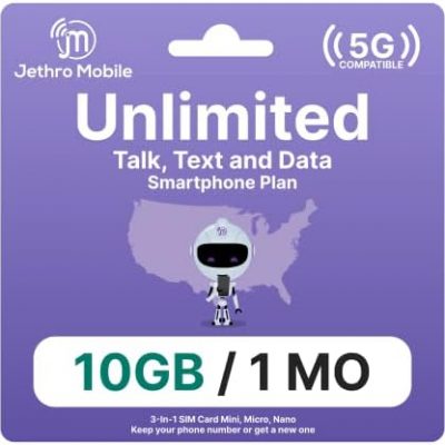 ﻿Jethro Mobile Sim Card, 10GB of High-Speed Data, Unlimited Talk, & Text for 1-Month, International Calling, Prepaid Plan 3-in-1 Activation Kit (Mini, Micro, Nano)