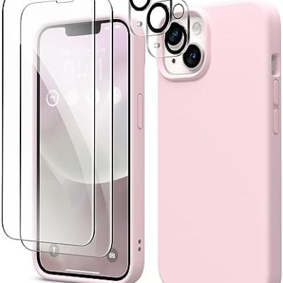 GONEZ for iPhone 14 Case Silicone, with 2X Screen Protector + 2X Camera Lens Protector, [Soft Anti-Scratch Microfiber Lining], Liquid Silicone Shockproof Protective Phone Cover 6.1″, Hot Pink