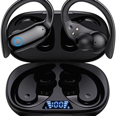 GNMN Bluetooth Headphones Wireless Earbuds 48hrs Playback IPX7 Waterproof Ear Buds Over-Ear Stereo Bass Earphones with Earhooks Microphone LED Battery Display for Sports/Workout/Gym/Running Black