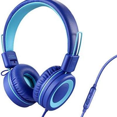 POWMEE P10 Kids Headphones with Microphone Stereo Headphones for Children Boys Girls,Adjustable 85dB/94dB Volume Control Foldable On-Ear Headphone with Microphone for School/PC/Cellphone(Blue)