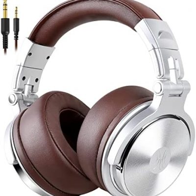 Over Ear Headphone, Wired Premium Stereo Sound Headsets with 50mm Driver, Foldable Comfortable Headphones with Protein Earmuffs and Shareport for Recording Monitoring Podcast PC TV- with Mic (Silver)