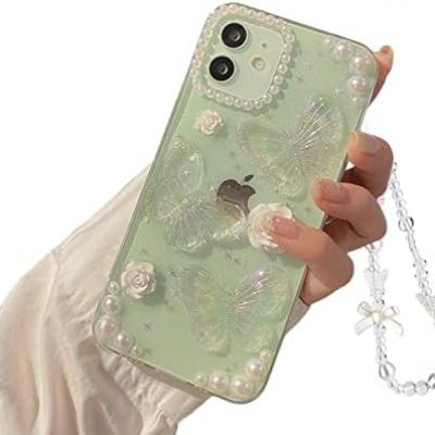 Fycyko Compatible for iPhone 11 3D Butterfly Floral Clear with Design Aesthetic Women Teen Girls Glitter Pretty Crystal Sparkle Sparkly Cute Girly Phone Cases Protective Cover+Pearl Chain-Clear