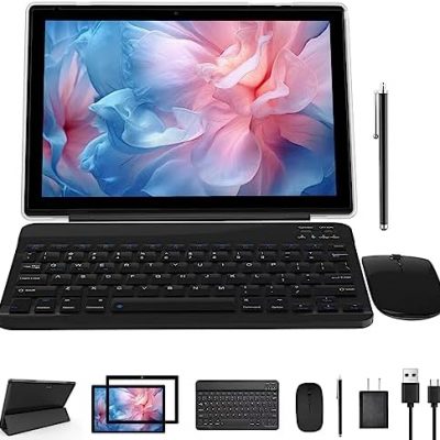 2 in 1 Tablet 10 Inch Android 11 OS Tableta, Tablets with Keyboard, Mouse, Case, Stylus, Tempered Film, 64GB ROM+2GB RAM, 8MP Dual Camera, Quad Core Processor, 6000mAh Battery, 10.1 IN FHD Tab black