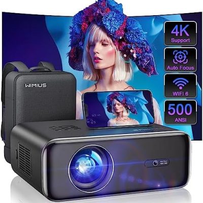 [Auto Focus] Projector with WiFi 6 and Bluetooth 5.2, 500 ANSI Projector 4K, WiMiUS P62 Native 1080P Outdoor Movie Projector, Auto 6D Keystone & 50% Zoom, Smart Home Projector for Phone/PC/TV Stick