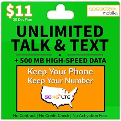 SpeedTalk Mobile Cellular Plan for Smart Phones & Cellphones – Unlimited Talk & Text + 500 MB Data – 5G/4G/LTE Nationwide Coverage – 30 Day Service – Universal SIM Card Included