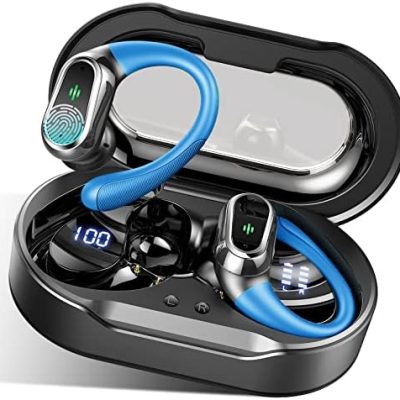 Wireless Earbuds Headphones Bluetooth 5.3, 50H Playtime Over Ear Buds Noise Cancelling Mic, LED Display, Stereo Bass Bluetooth Earbuds with Earhooks, IP7 Waterproof Earphones for Sports Workouts Blue