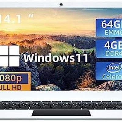 14.1” Windows 11 Laptop, Intel Celeron N3450, 1920×1080 FHD IPS Display, Ultra Slim Notebook PC, with 4GB RAM 64GB EMMC, BT4.2, Work Study Computer