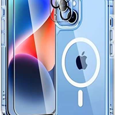 TAURI 5 in 1 Magnetic for iPhone 14 Case, [Designed for Magsafe] with 2X Screen Protectors +2X Camera Lens Protectors, [Not-Yellowing] Shockproof Slim Phone Case for iPhone 14, Clear