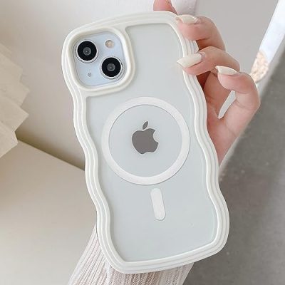 UEEBAI Magnetic Case Candy Wave Frame Case for iPhone 13/iPhone 14 6.1 inch, Cute Curvy Case Compatible with Magsafe Shockproof Cover Non-Yellowing Clear Case Slim Fit Case for Women Girl-White