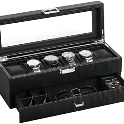 BASTUO Watch Box for Men, 6 Slots Luxury Watch Case Display Organizer, Jewelry Box with Carbon Fiber Design & Leather Pillows, Black