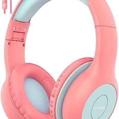 EarFun Kids Headphones Wired with Microphone, 85/94dB Volume Limit Headphones for Kids, Portable Wired Headphones with Shareport, Stereo Sound Foldable Headset for School/Tablet/iPad/Kindle Pink