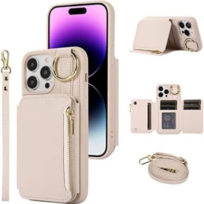 Nunwiza for iPhone 13 Pro Max Case Wallet with Card Holder Hand Straps, Crossbody Leather Zipper Handbag Purse Flip Case Compatible with iPhone 13 Pro Max 6.7 Inch Beige