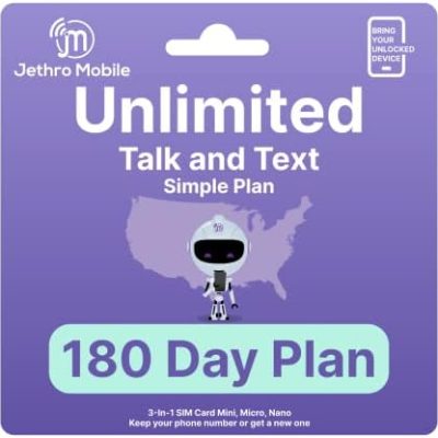 Jethro Mobile Senior Cell Phone Plan Unlimited Talk & Text Only, International Calling to Canada, Mexico, India and 80+ Countries, Prepaid Sim Card for Dumb Phones | BYOP SIM Kit (180 Days)