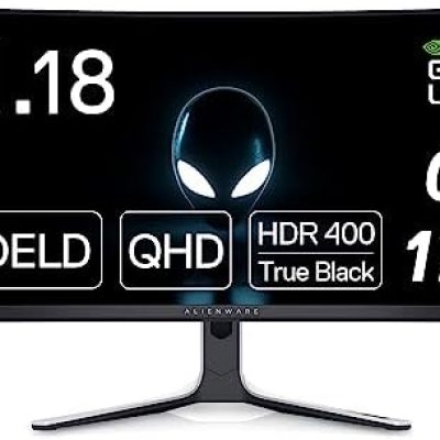 Alienware AW3423DW Curved Gaming Monitor 34.18 inch Quantom Dot-OLED 1800R Display, 3440×1440 Pixels at 175Hz, True 0.1ms Gray-to-Gray, 1M:1 Contrast Ratio, 1.07 Billions Colors – Lunar Light