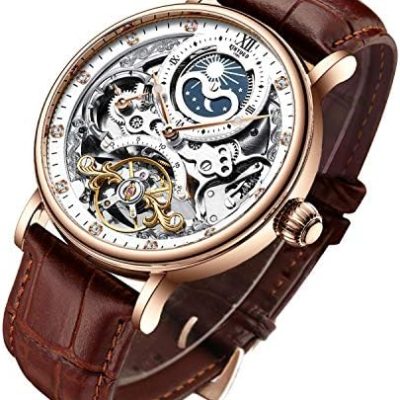 IK COLOURING Bestn Mens Luxury Skeleton Automatic Mechanical Wrist Watches Leather Moon Phrase Luminous Hands Self-Wind Watch