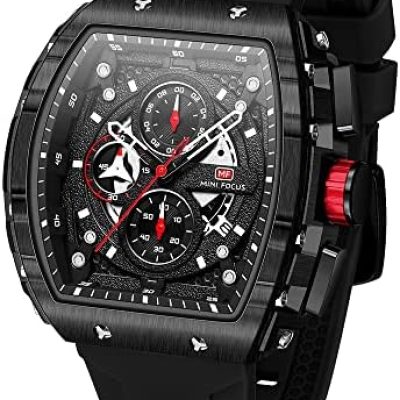 Watches for Men Luxury Skeleton Tonneau Watch for Men Waterproof Adjustable Silicone Strap Steampunk Style Chronograph Calendar Date Business Luminous Cool Large Square Face Wristwatch