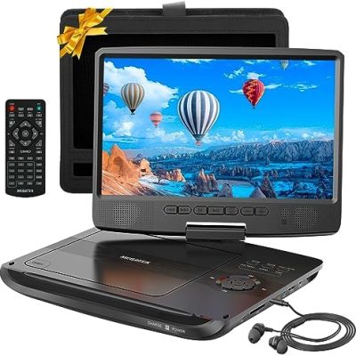 Megatek 12.5″ Portable DVD Player with 10.5″ HD Swivel Screen, Upgraded 6-Hour Rechargeable Battery, Play CD/DVD/USB/SD Card, Car Headrest Mount, AC Power Adapter, Car Charger, Remote Control