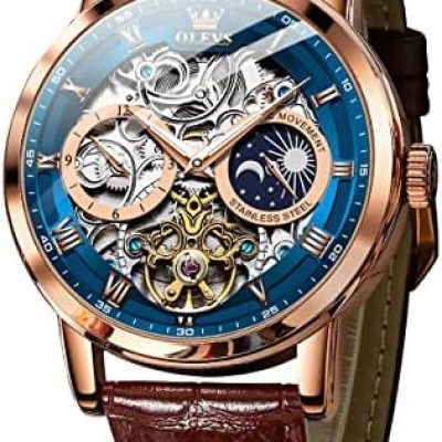 OLEVS Mens Automatic Watches Skeleton Tourbillon Self Winding Mechanical Genuine Leather Strap Luxury Dress Wrist Watch Sun Moon Luminous Waterproof