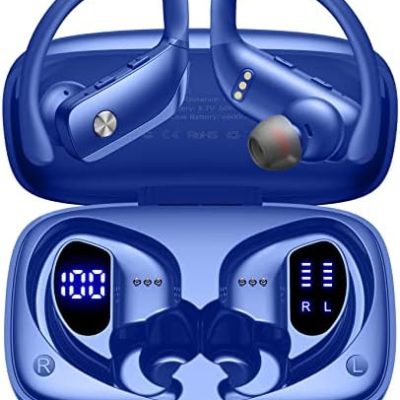 bmani Wireless Earbuds Bluetooth Headphones 48hrs Play Back Sport Earphones with LED Display Over-Ear Buds with Earhooks Built-in Mic Headset for Workout Blue