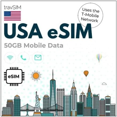 travSIM e SIM Card USA | Uses The T-Mobile Network | 50GB Mobile Data at 4G/5G speeds | eSIM USA has Unlimited National Calls & Texts | eSIM Prepaid USA 14 Days