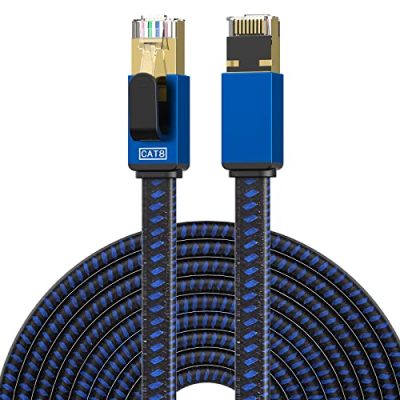 LEKVKM Cat 8 Ethernet Cable 50 FT High Speed Long Internet Cable Nylon Braided Network Cable RJ45 Connectors SSTP Shielded Flat LAN Cable Cat8 ethernet Cables 50feet for PC